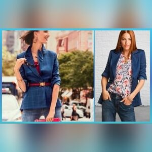 CAbi Sunset Kiss Windowframe Plaid Checkered Blazer Jacket Navy Blue Knit